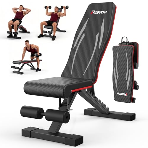 PASYOU Hantelbank Klappbar mit Rückenlehne 300kg Belastbarkeit, Verstellbar Multifunktions Trainingsbank Schrägbank für Ganzkörperworkout, Fitness Bank mit Griffen für Hause Fitnessstudio (PA350)