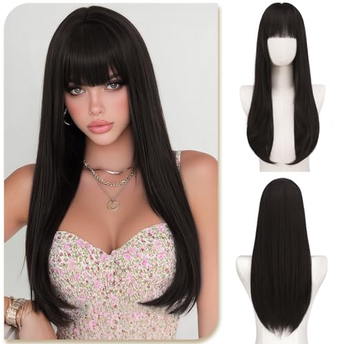 Sofeiyan Dunkelbraun Lange Glatte Perücken mit Pony,60 cm Geschichtet Elegante Perücke,Natürliches Synthetische Perücke Damen,für Täglichen Party Cosplay und Feiertage