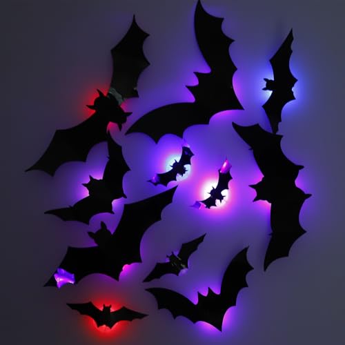 12 Stk LED Lichter 3D Halloween Fledermaus Deko,Halloween Dekoration Fledermaus Wandaufkleber mit 10 Verschiedenen Größen,Horror Deko Aufkleber,LED Fledermäuse Deko für Innen Helloween Partyzubehör