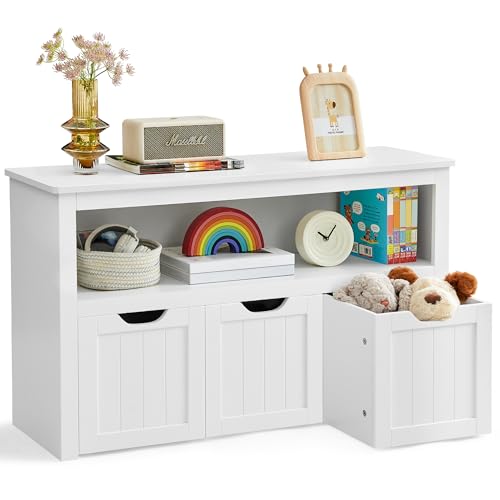 VASAGLE Kinderregal, Spielzeugaufbewahrung für Kinder, Aufbewahrungsschrank, Spielzeugschrank, Aufbewahrungsbox mit Rollen, Spielzeugregal, für Kinderzimmer, 30 x 102 x 60 cm, weiß LHS380W01