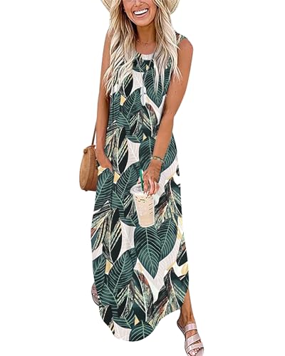 AUSELILY Strandkleider Damen Sommer Lang Maxikleid Damen Ärmelloses Sommerkleid Freizeitkleider Maxi Blattdruck XL