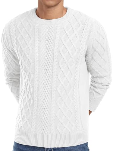 QIXING Strickpullover Herren Zopfmuster Pullover Pulli Herren Rundhals Langarm Casual Sweater mit Geripptem Saum（Weiß, L