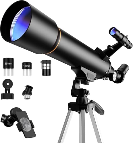 Teleskop 70mm Öffnung 500mm Refraktor Teleskop für Erwachsene, Anfänger, Tragbare Teleskope für den Außenbereich mit Stativ, Handy-Adapter und Tragetasche (Schwarz)