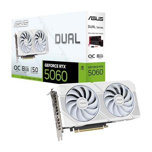 ASUS Dual GeForce RTX 5060 8GB GDDR7 White OC Edition Gaming Grafikkarte (Nvidia Blackwell und DLSS 4, 2,5-Slot Design, PCIE 5.0, 1x HDMI 2.1b, 3X DisplayPort 2.1b, Weiß, DUAL-RTX5060-O8G-WHITE)