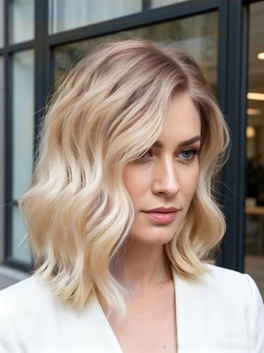 Webshaiy Pre Cut Lace Ombre Platinum Blonde Perücke Damen Schulterlange Gewellte Gestufte Bob Wig Perücke mit Pony,Echte Kopfhaut Synthetische Perücken für Dünnes Haar/Grauabdeckung Täglichen Gebrauch