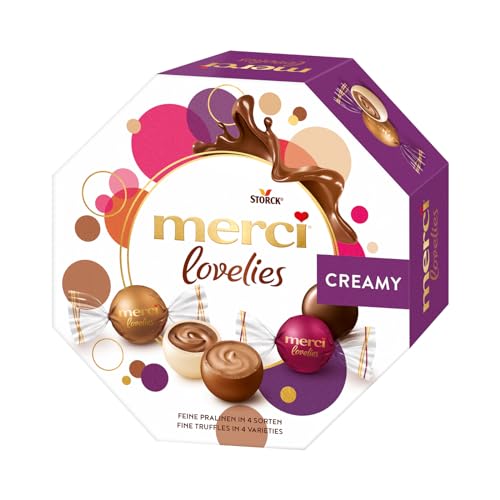 merci lovelies Creamy – 1 x 185 g – Pralinen-Schachtel mit 4 gefüllten Schokoladen-Spezialitäten – Schokokugeln zum Teilen & Verschenken