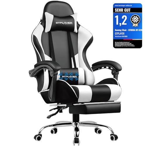 GTPLAYER Gaming Stuhl Bürostuhl Massage Gaming Sessel Ergonomischer Gamer Stuhl mit Fußstütze, Massage-Lendenkissen, Gepolstert Gaming Chair, Drehsessel, 150KG, weiß
