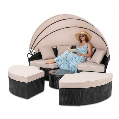Melko Sonneninsel Gartenmuschel Polyrattan mit Sonnendach 184x184x141 cm