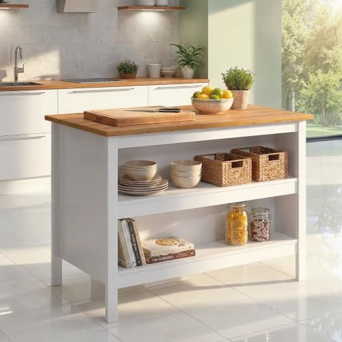 Inter Link - Kücheninsel - Mittelinsel - Arbeitsplatte - Küchenschrank mit Regalen - Melaminbeschichtet - Länge 124cm - Höhe 82 cm - Tiefe 75 cm - Julina - Weiß/Eiche Artisan
