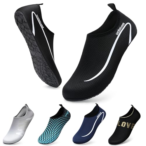 WateLves Wasserschuhe Badeschuhe Damen Herren Aquaschuhe Strandschuhe Schnell Trocknend Slip on Breathable Surfschuhe Unisex Schwimmschuhe für Beach Pool Surfen Yoga Linie Schwarz 40/41