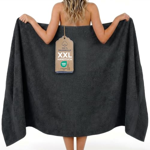 Twinzen Saunahandtuch 100x200 cm - 360 GSM - XXL Saunatuch & Badetuch aus 100% Baumwolle, saugstark & weich, mit Aufhänger, Oeko-TEX Zertifiziert - Anthrazit