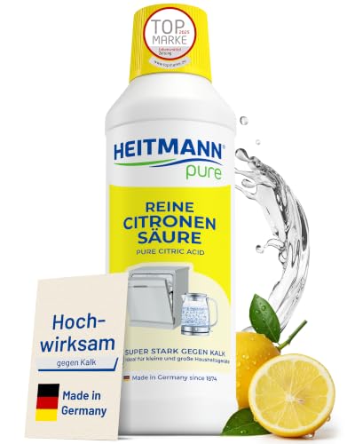 HEITMANN pure Reine Citronensäure 500 ml | Effektiver Kalkentferner in Küche & Bad | Zitronensäure | Entkalker für Kaffeevollautomat, Wasserkocher & Waschmaschine | Lebensmittelsauber