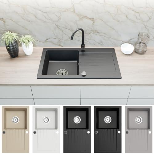 Faizee Möbel | Granitspüle 75x43,5 cm Nachtschwarz | Hochwertige Küchenspüle & Einbauspüle | Kratzfestes & hitzebeständiges Spülbecken Granit | Eckige Spüle für Unterschrank ab 45 cm | Inkl.Siphon-Set