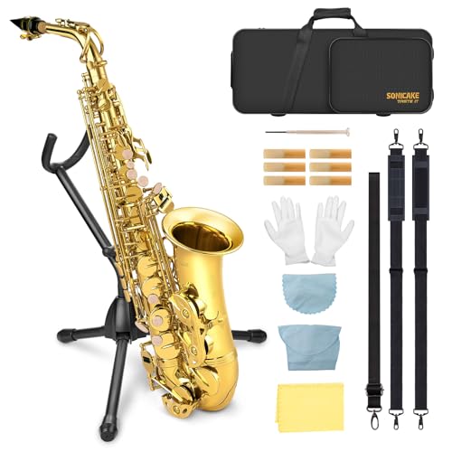SONICAKE Eb Altsaxophon Goldlack, komplettes Saxophon-Set für Anfänger mit Koffer, Mundstück, Blättern, Ständer & Zubehör QSX-01
