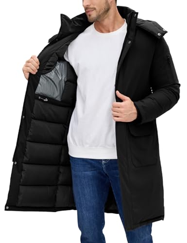 TOMEEK Winterjacke Herren Lang Warm Winterparka Herren Winddicht Steppmantel Outdoor Steppjacke mit Kapuze Daunenjacke Casual Warme Winter Mantel mit Taschen(Schwarz,XXL)