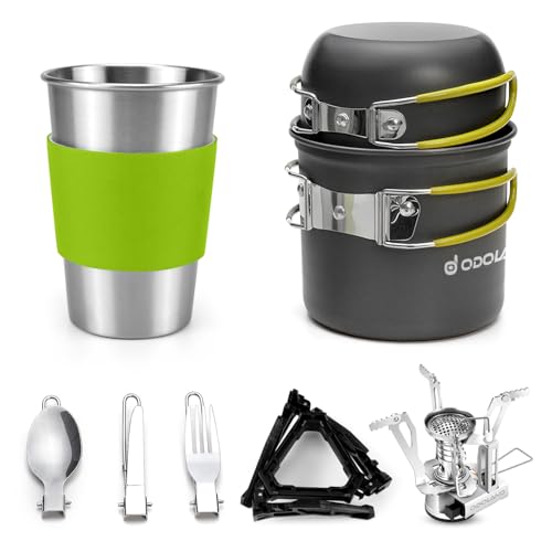 Odoland Camping Geschirr Set 10-teiliges Outdoor Kochgeschirr Aluminium Camping Töpfe Becher Faltbare Besteck Mini Campingkocher für Outdoor Picknick Wandern