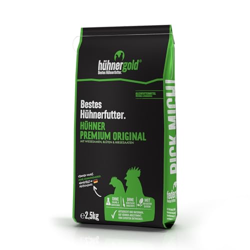 hühnergold Hühner Premium 2,5 kg – artgerechtes Hühnerfutter mit Kräutern, Blüten, Gemüse & Mineralgrit, für gesunde Legehennen, Enten & Gänse, kräftige Eidotter, stabile Eischalen