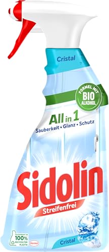 Sidolin Streifenfrei All in 1 Cristal (500 ml), Glasreiniger verleiht Sauberkeit, Glanz & Schutz, Fensterreiniger mit Bio-Alkohol, Flasche aus 100% recyceltem Plastik
