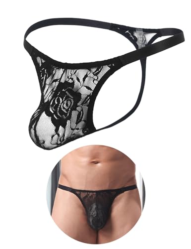 comeondear Herren String Spitze Tanga Ultra Dünn Durchsichtig Sexy Unterwäsche für Mann Sissy Höschen Große Größen Mesh Unterhose Gay Mini Slip T Back Thong mit Beutel Mens Underwear(Schwarz,L)