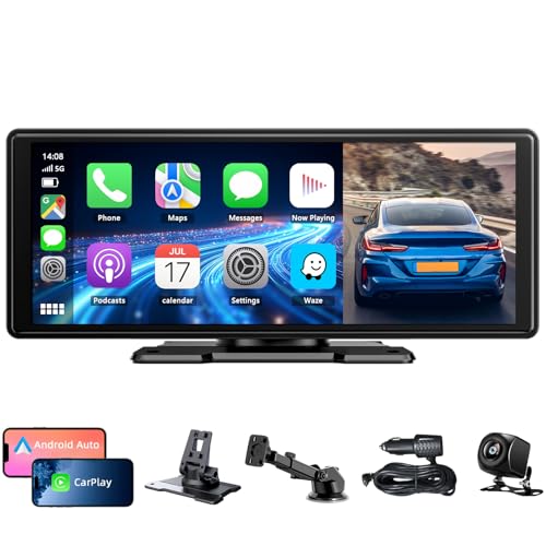 CGSGDK 10,26 Zoll CarPlay Display, Tragbarer Car Multimedia Player mit Apple CarPlay & Android Auto, Rückfahrkamera 1080P, IPS Touchscreen, Sprachsteuerung, GPS Navigation, BT/FM/AUX/Mirror Link