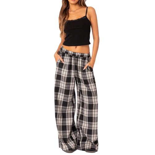 Geagodelia Damen Pyjamahose Sommer Pyjama Hosen Schlafhose Leichte Gestreifte Lange Hose Y2k Lounge Pants Sommerhose Freizeithose Nachtwäsche (G - Schwarz Weiß Karierte, S)