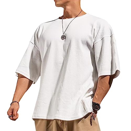 Muscle Alive Herren Basic Kurzarm Waffel Sweatshirt Lockere Trainieren Zur Seite Fahren Rundhalsausschnitt Shirt Weiß L