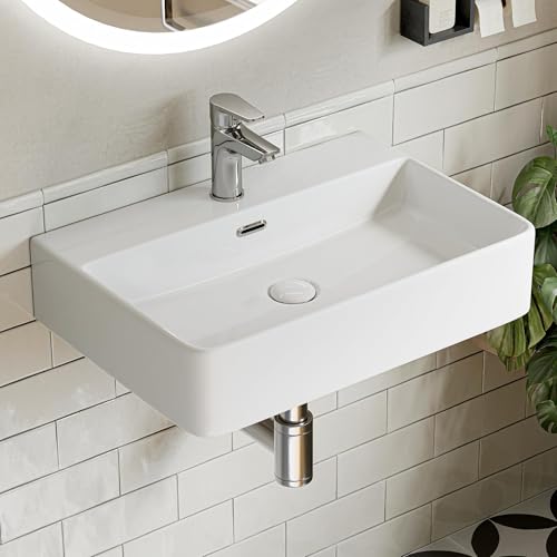 HOROW Waschbecken 60 cm Keramik Aufsatzwaschbecken Weiß | Modernes Keramik Hängewaschbecken Waschtisch Bad für Badezimmer, Gäste WC & Garten, leicht zu reinigen