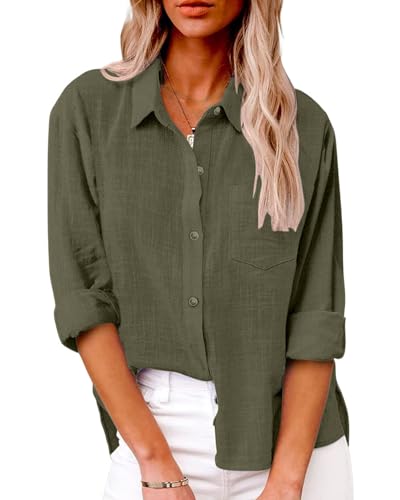 Friptspyg Bluse Damen Lässiges Langarm Hemdbluse Elegant Blusen & Tuniken für Damen V-Ausschnitt 100% Baumwolle Solide Sommer Oberteile mit Tasche, Armee Grün M