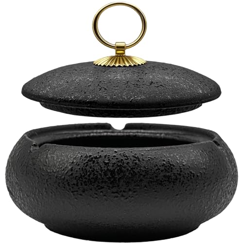Panngu Aschenbecher mit Deckel für Draußen, Schwarz Retro Keramik Windaschenbecher für den Innen oder draussen, Einfachheit Zigarettenaschenbecher die Terrasse, den Balkon im Freien, Home Office