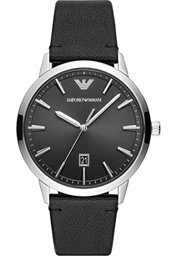 Emporio Armani Uhr für Herren , DreizeigerDatumswerk, 43mm Silbernes Edelstahlgehäuse mit Lederarmband, AR11193, Grau