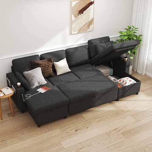 DURASPACE Schlafsofa, U Form Schlafcouch mit Schlaffunktion und Aufsitzkiste, Eckcouch mit USB, Getränkehalter für Wohnzimmer & Schlafzimmer (Dunkelgrau)