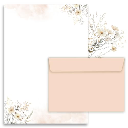 Briefpapier/Briefumschlag Set edel in Beige mit Wildblumen bedruckt 2 seitig A4 120 g/m² c6 80 g/m² von 10 bis 100 Blatt mit Umschlägen Kuvert vintage (20 Briefpapier MIT 10 Umschlägen)