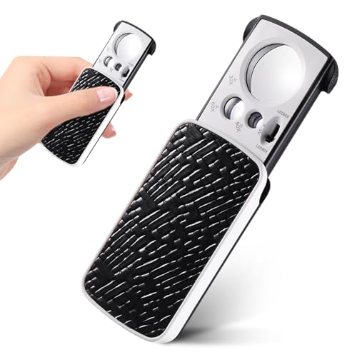 Leselupen, Juwelier Lupe mit Licht, 30x, 60x, 90x mit UV-Schwarzlicht und LED-Licht, Faltlupe für Münzen, Diamanten, Edelsteine, Schmuck, Briefmarken