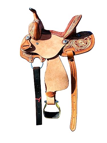Westernsattel für Kinder, 20,3 cm, 25,4 cm, 27,9 cm, 30,5 cm, 33 cm, Westernsattel für Reiten, floraler Zopf mit silberfarbenen Conchos, Schwarz, Lila, Rosa, Blaugrün, Braun (nur Sattel, Braun, 20,3