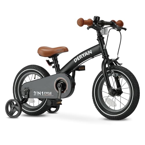Deryan Kinderfahrrad 12 Zoll | 3 in 1 Laufrad | Fahrrad mit Verstellbarem Sattel und Lenker | Kinder Fahrrad für Jungen und Mädchen | Schwarz