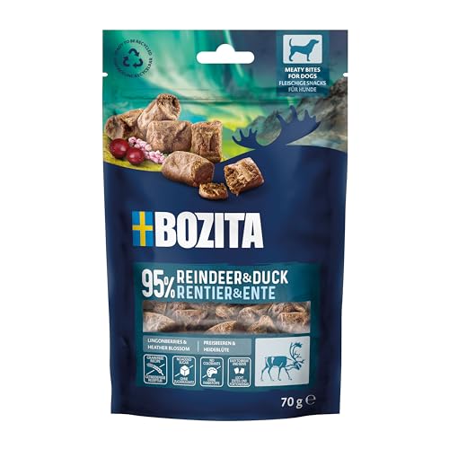 Bozita Meaty Bites Hundesnack mit 95% Rentier & Ente – 70 g getreidefreie Hundeleckerlies ohne Huhn & Glyzerin – schmackhafte Dog Treats, ideal als Leckerli für Hunde beim Training & zur Belohnung