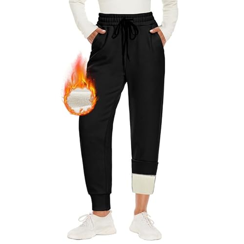 Warme Jogginghose Damen Gefütterte mit 2 Taschen Kordelzug Winter Fleece High Waist Lange Sportleggins Trainingshose Freizeithose Sweathose Schwarz M