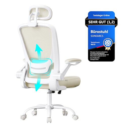 SONGMICS Bürostuhl ergonomisch, Drehstuhl mit Mesh, Lenden- und Kopfstütze, Wippfunktion, 53 cm große Sitzfläche, klappbare Armlehnen, Arbeits- und Schlafzimmer, Studenten, cappuccinobeige OBN047K01