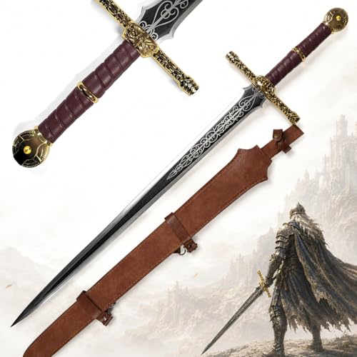 Elden Ring - Lordsworn’s Schwert echt mit Scheide, 96,5 cm Gesamtlänge, detaillierte Replik mit Edelstahlklinge, Hartholzgriff und Gravur, Mittelalterschwert perfektes Sammler- und Cosplay-Schwert