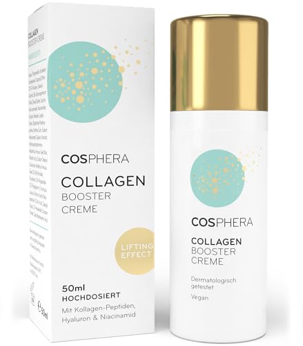 Cosphera Collagen Booster Creme 50 ml Vegan - mit Hyaluronsäure, Peptiden & Vitamin B3 - Gesichtscreme gegen Falten - Anti Faltencreme gegen Tränensäcke, Augenringe und Stirnfalten