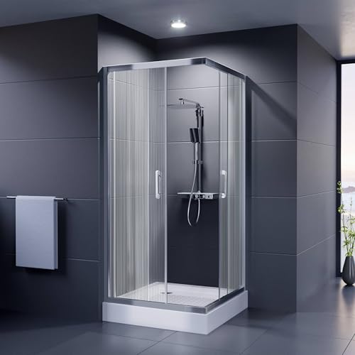 DUSCHMEISTER Echtglas-Duschkabine 80-90 cm Wave Design, Wellenstruktur – Eckdusche Eckeinstieg Schiebetür, Gleittür ESG Sicherheitsglas mit Lotus-Effekt, 190 cm, ausschwenkbare Glastüren zur Reinigung