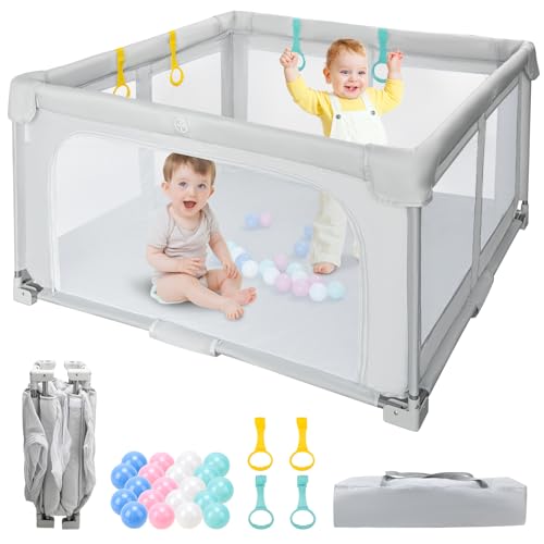 Growithu Laufstall Baby Faltbar 127x127cm: Laufgitter für drinnen & draußen - Baby Playpen mit Aufbewahrungstasche, 20 Bälle und 4 Ringe
