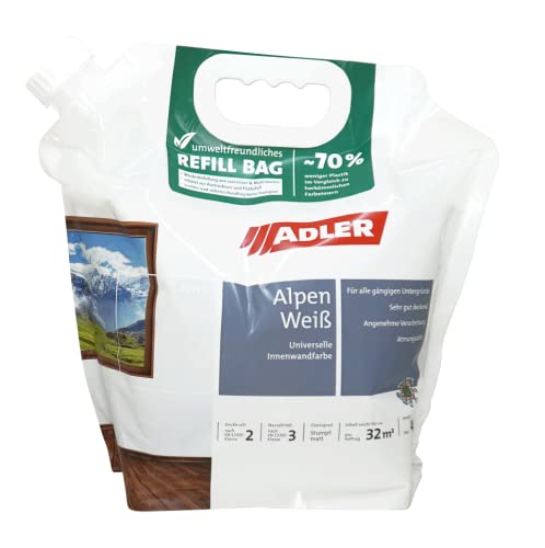 ADLER Alpen-Weiß Refill-Bag – Wandfarbe weiss, im praktischen 4,5l Nachfüllpack, 70%weniger Kunststoff, hohe Deckkraft, Schnelltrocknende & atmungsaktive Silikatfarbe, ohne Lösemittel und Weichmacher