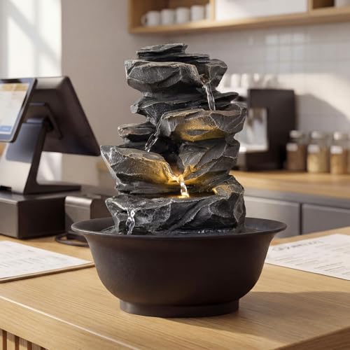 COSTWAY Zimmerbrunnen mit Pumpe, Tischbrunnen mit LED Beleuchtung & einstellbarer Wasserdurchfluss, Wasserbrunnen Stein Optik, Springbrunnen für Garten, Brunnen Wasserfall, Tischdekoration, 21,5x26 cm