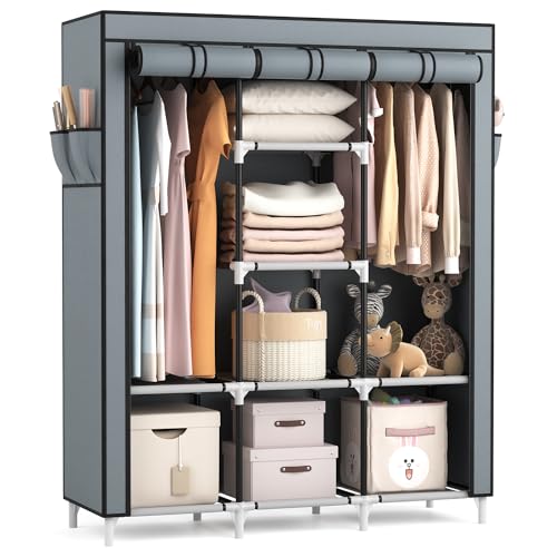 Vicye Kleiderschrank, Stoffschrank Groß mit 2 Kleiderstange und 8 Ablagen, Faltbarer Kleiderschränke mit Überzug, Tragbarer Garderobenschrank für Ankleidezimmer Schlafzimmer (Graue, 124 x 42 x 162 cm)