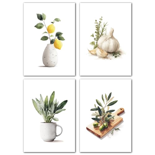 LAVEMA Küchenbilder Wanddeko Esszimmer Poster Set A4 (21x30cm) Bilder Küche Modern Bilderwand stilvolle Küchendeko Kitchen Vintage Wandbilder Grün Pflanzen Aesthetic Wandposter ohne Bilderrahmen