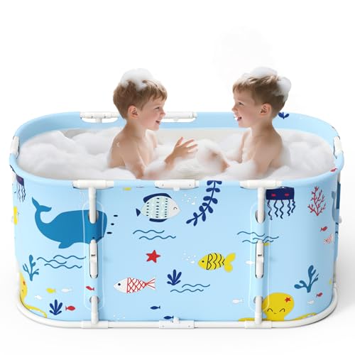 Faltbare Badewanne für Dusche, 92L x57W x 56H cm, freistehende Badewanne mit Sitz, Warmwasserdusche, Eisbad, Sauna, Massagewanne, tragbares Eisbad für Erwachsene (hellblau Ozean-Stil)