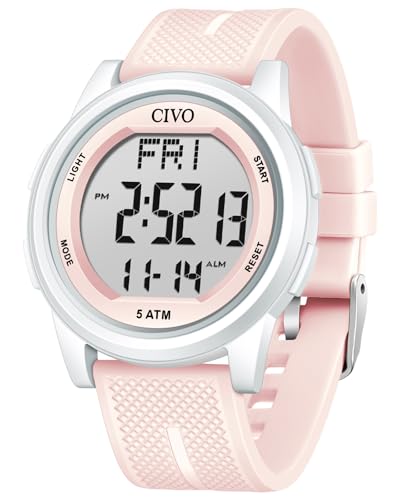CIVO Digital Damenuhr Herrenuhr Wasserdicht: Rosa Silikon Armbanduhr mit Stoppuhr Wecker Datum - Outdoor Sport Digitaluhr für Damen Herren