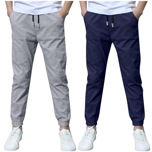 KODMNSW 2er Pack Hosen Jungen Baumwolle Leinen Hose Dünn Sommerhose Robust Arbeitshose Leinenhose Haremshose Einfarbig Outdoorhose Freizeithose 3-13 Jahre Dunkelblau 10 Jahre