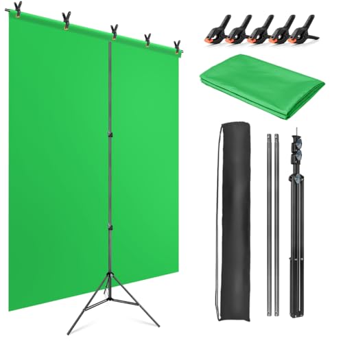 JEBUTU Greenscreen mit Ständer 1,5x2m, Greenscreen Hintergrund mit Ständer, Verstellbarer Fotografie Hintergrund Ständer mit 5 Klemme für Chroma Key Streaming Gaming Fotoshooting Video Zoom